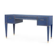 a blue desk with gold trimmings and drawers