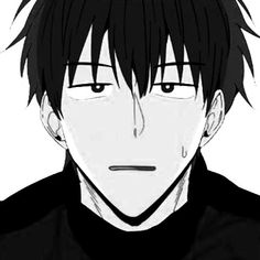 an anime character with black hair and white eyes looking at the camera, while wearing a black shirt