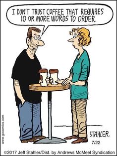 a cartoon depicting two people talking to each other at a table with a coffee cup on it