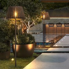 an outdoor area with plants and lights on the ground, next to a swimming pool