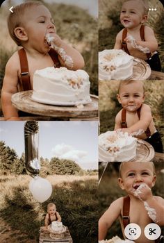 a collage of photos with a baby eating cake