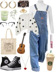 Daisy Aesthetic Outfit, Cute Fall Outfits Overalls, Outfits With Overalls Winter, Overalls Aesthetic Outfit, Girly Outfits Jeans, Outfit Ideas Overalls, Outfits With Overalls, Overalls Outfit Spring, Art Outfit Ideas