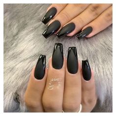 Matte Black Glossy Tip Coffin Nails ❤ liked on Polyvore featuring nails Acrylic Nails Natural, Black Manicure, Black Coffin Nails, Matte Black Nails, Black Acrylic Nails, Black Nail Art, Black Nail Designs, Nail Swag