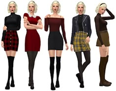 four different types of women in short skirts and sweaters, all wearing black boots