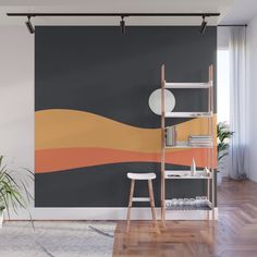 an empty room with a ladder, bookshelf and plant on the floor wallpaper mural print