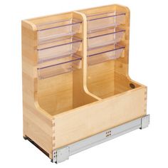 a wooden box with two compartments on the front and one section open to show clear plastic dividers