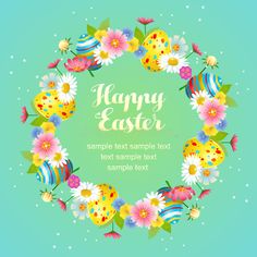 an easter card with eggs and daisies in a wreath on a blue background illustration