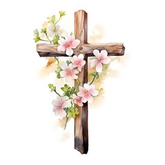 a cross with flowers painted on it and watercolors in the bottom right corner