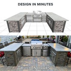 an outdoor kitchen is shown with the words design in minutes above it and below it