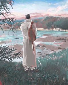 a painting of a man with a backpack looking out at the water