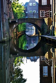 a bridge that is over some water with buildings in the background and trees on both sides