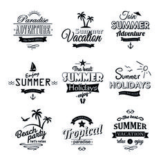 the summer holidays and vacation labels are shown in black on a white background, including palm trees