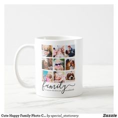 a white coffee mug with family photos on it