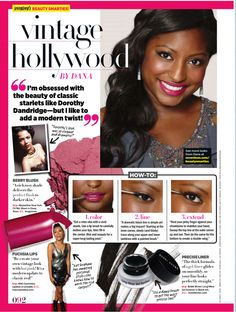 a magazine cover with an image of a woman's face and makeup products on it