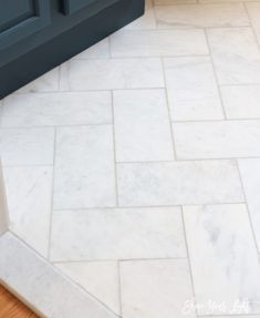 a bathroom with white marble flooring and blue cabinetry in the background, next to a toilet