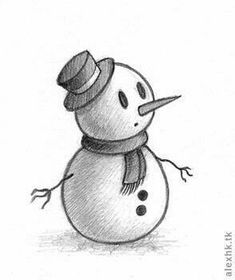 a pencil drawing of a snowman with a hat and scarf on it's head