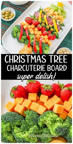 christmas tree charcuterie board with cheese, broccoli and strawberries on it