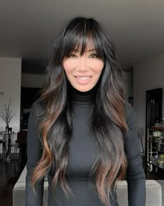 Whispy Front Bangs Long Straight Hair, Stylish Shag Haircuts, Bangs Dark Hair Long, Long Layer Blowout Hairstyles, Long Hair With Layers And Bangs Fringes, Edgy Long Haircut Straight, Dark Balayage With Bangs, Long Dark Hair With Bangs Round Face, Ombré Hair With Bangs