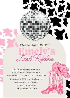 a pink and black party flyer with a disco ball, cowboy boots, and an embellishment