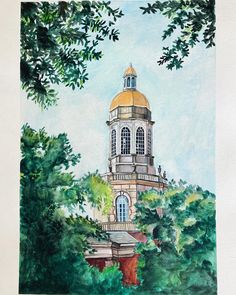 a watercolor painting of a building surrounded by trees