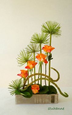 an arrangement of orange flowers and green plants in a wooden vase on a white surface