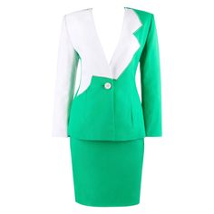 GIVENCHY S/S 1998 ALEXANDER McQUEEN 2pc Green Asymmetric Panel Skirt Suit Set Brand / Manufacturer: Givenchy Collection: Spring / Summer 1998 Designer: Alexander McQueen Style: Skirt suit set Color(s): Shades of bright green (blazer & skirt exterior, interior); off white (blazer exterior, interior) Lined: Yes Unmarked Fabric Content (feel of): Linen blend (blazer & skirt exterior); silk (blazer & skirt interior); plastic (hardware) Additional Details / Inclusions: Two piece skirt suit set; singl Chic Fitted Asymmetrical Sets, Fitted Asymmetrical Party Sets, Elegant Asymmetrical Fitted Set, Elegant Fitted Asymmetrical Set, Fitted Asymmetrical Sets For Spring, Green Fitted Skirt Suit For Formal Occasions, Chic Fitted Green Skirt Suit, Chic Green Fitted Skirt Suit, Green Skirt Suit For Spring Party