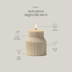 a candle that is sitting in front of a white background with the words concee nuestros ingredientes on it