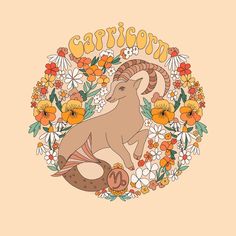 an animal with flowers and the word capricon in it's center on a beige background