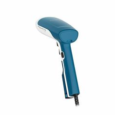 a blue and white hair dryer on a white background