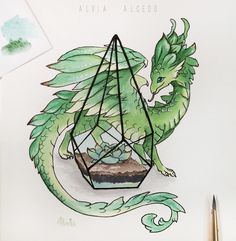 a drawing of a green dragon in a cage with succulents on it