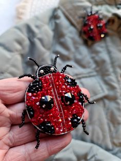 a ladybug brooch with red and black sequins on it's back