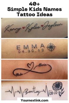 four different tattoos with the names of people on them and their name written in cursive