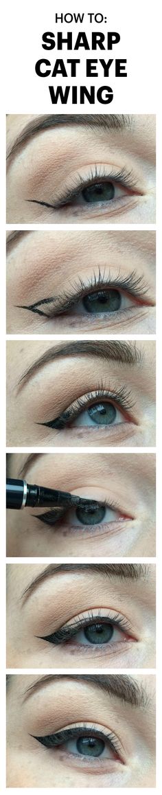 This Easy Trick Will Create a Sharp Wing On Your Cat Eye, Every Time: A Reddit user named lylhrs posted an in-depth step-by-step tutorial demonstrating a foolproof method for creating supersharp cat-eye wings. Here's how. | allure.com Cats Eye Nails, Eye Wings, Easy Cat Eye, Winged Eye, Perfect Cat Eye, Eye Nails, Cat Eye Makeup, Makeup Step By Step