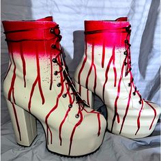 Bloody Heels White Platform Boots With Blood Drip, Dolls Kill Heels, Dolls Kill Boots, Dolls Kill Traitor Boots, Dolls Kill Shoes Platform, Dolls Kill Shoes, Dolls Kill, Red And White, Women Shoes