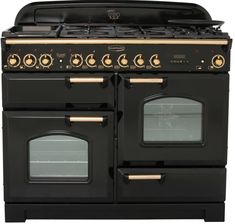 an old fashioned black stove with gold trim