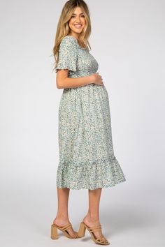 Light Blue Floral Ruffle Maternity Midi Dress – PinkBlush Summer Maternity Dress With Smocked Back, Modest Maternity Dress For Spring, Modest Maternity Midi Dress, Floral Print Maternity Dress With Short Sleeves, Maternity Midi Dress With Smocked Back, Summer Maternity Midi Dress With Smocked Back, Summer Flowy Maternity Dress With Smocked Back, Modest Short Sleeve Maternity Dress, Tiered Maternity Dress For Summer