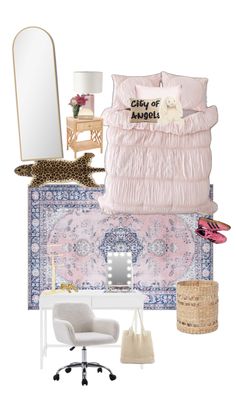 a bedroom with pink and blue decor, including a bed, chair, mirror, rug,