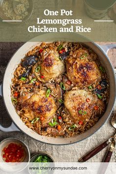 one pot lemongrass chicken and rice in a skillet with the title above it