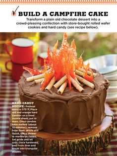 an advertisement for a campfire cake with chocolate frosting