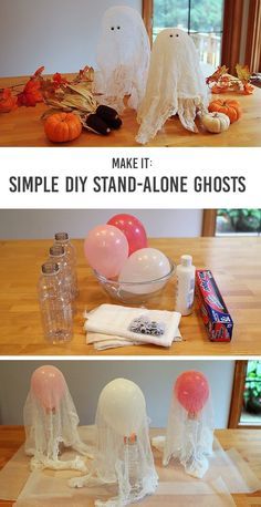 Stand-Alone Cheesecloth Ghosts: a simple Halloween craft for kids - Such a great project for kids of all ages and they think it's so cool the ghosts actually stand up! Diy Halloween Dekoration, Halloween Party Decor Diy, Halloween Decor Diy, Halloween Fest, Halloween Kunst, Easy Halloween Decorations, Diy Halloween Decor, Adornos Halloween, Easy Halloween Crafts