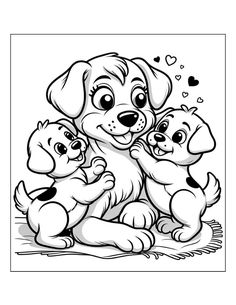 a dog with three puppies sitting on the ground coloring pages for kids and adults