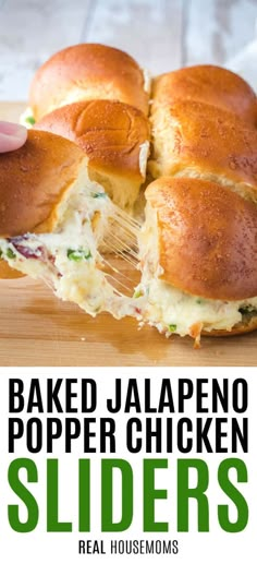 baked jalapeno popper chicken sliders on a cutting board with text overlay