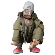 a cartoon figure wearing a jacket and hat with his hands in the air, while standing on one foot