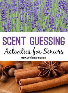 lavender flowers and cinnamon sticks on a cutting board with text overlay that reads, scent guesting activities for seniors