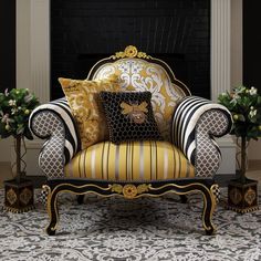 a fancy chair with yellow and black pillows in front of a fire place filled with potted plants