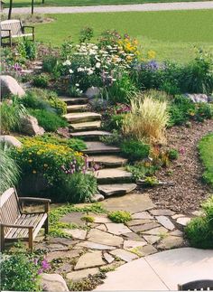 a garden with stone steps and flowers