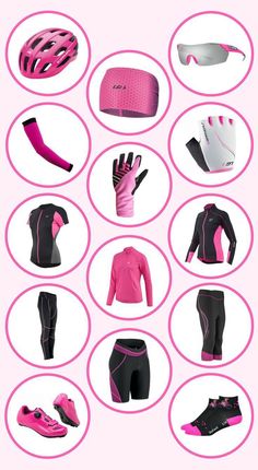 various types of cycling gear displayed in pink circles