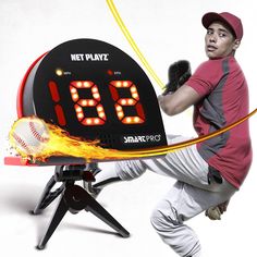 a man holding a baseball glove in front of a digital clock