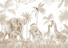 an elephant, giraffes and zebras are in the jungle with palm trees