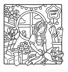 a coloring page with a girl in the flower shop